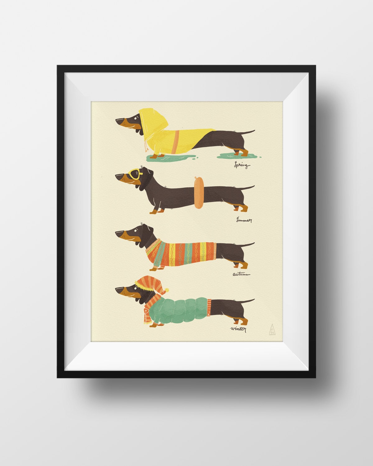 季節のダックスフントアートプリント - かわいいダックスフントの
