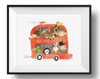 Fine Art Nursery Print - Cheerio Tours • Double Decker Bus • Cute Animal Print • Richard Scarry Inspired • Kids Room