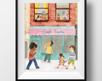 Fine Art Print - Cafe Emilia • Cute City Art Print • Kids Room