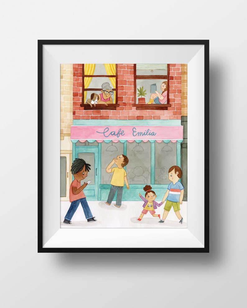 Fine Art Print Cafe Emilia Cute City Art Print Kids Room image 1