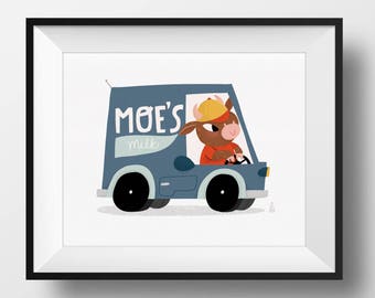 Fine Art Nursery Print - Moe's Milk • Cows in Cars • Cute Cow Print • Richard Scarry Inspired • Kids Room