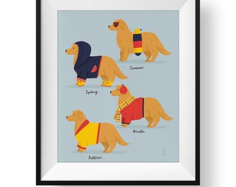 Fine Art Dog Print - Seasonal Golden Retriever Illustration • Cute Dog Art • Spring, Summer, Autumn, Winter • Kids Room • Nursery Print
