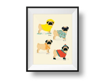 Seasonal Pugs Art Print – Whimsical Dog Illustration, Nursery Decor