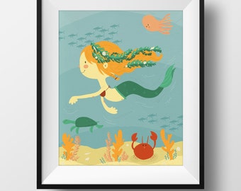 Cute Art Nursery Print - Mermaid Illustration • Under the Sea • Swimming Mermaid • Kids Room