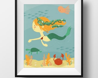 Mermaid Art Print – Under the Sea Nursery Decor (8x10)
