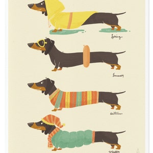 Fine Art Dog Print Seasonal Dachshund Illustration Cute Doxie Nursery Print Kids Room Spring, Summer, Autumn, Winter image 2