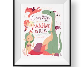 Fantasy Art Print – Dragon, Mermaid, Fairy Illustration