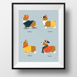 Fine Art Dog Print Seasonal Corgi Illustration Cute Pembroke Art Spring, Summer, Autumn, Winter Kids Room Nursery Print image 1