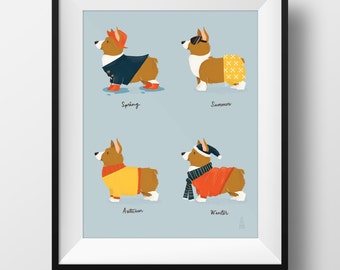 Fine Art Dog Print - Seasonal Corgi Illustration • Cute Pembroke Art • Spring, Summer, Autumn, Winter • Kids Room • Nursery Print