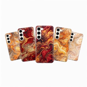 May include: Five phone cases with a swirling marble design in shades of red, gold, and brown. Each case has a camera cutout and button placements. The cases are arranged in a fan shape, showcasing the unique patterns.