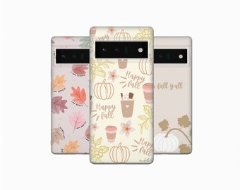 May include: Three phone cases with fall-themed designs. One case features colorful leaves and inspirational text. Another has pumpkins, coffee cups, and the text "Happy Fall." The third case has a pumpkin and the text "fall y'all."