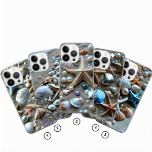 May include: Five phone cases with a beach theme. Each case features a design of seashells, pearls, and starfish on a sandy background. The cases have a clear, protective finish and are designed for a smartphone.
