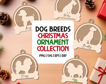Hunderassen Weihnachten Ornament SVG Laser Cut Dateisammlung, personalisierte Hunde Ornament, benutzerdefinierte Haustier Weihnachtsdekoration, Glowforge & Lightburn