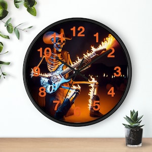 Horloge murale cowboy squelette avec guitare flambée - Cadeau parfait pour les amateurs de guitare - Horloge cowboy pour la fête des pères