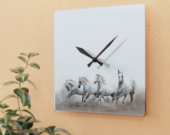Equestrian Acrylic Wall Clock – Running Horses Graphic, Western Decor