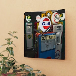Old Gas Pumps Wall Clock - Perfect for Dad&#39;s Garage - Man Cave Decor - Acrylic Vintage Clock