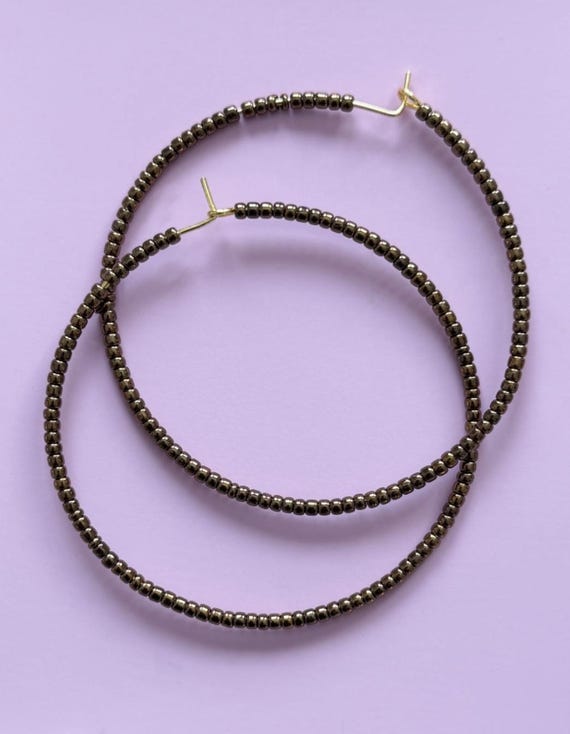 Bronze Beaded Hoop Earrings: Japanese Seed Beads, Stainless Steel (60mm)