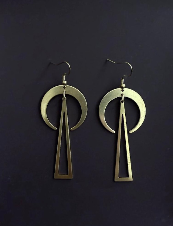 Brass Moonrise Earrings: Geometric Crescent Dangle Jewelry (30x75mm)