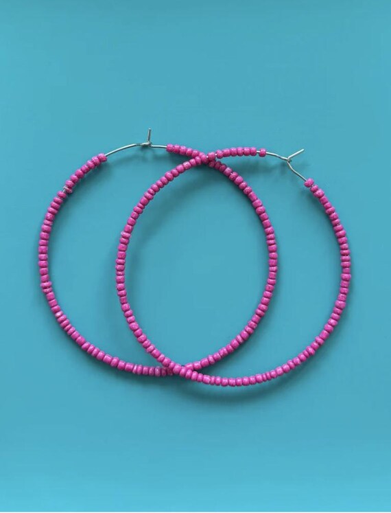 Pink Beaded Hoop Earrings, 60mm Stainless Steel, Japanese Seed Beads