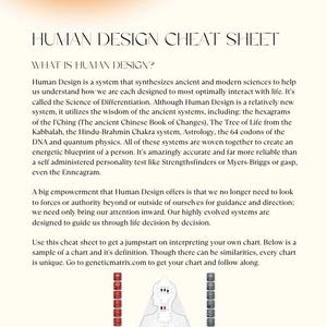 May include: A guide to human design cheat sheet. The text includes "Human Design Cheat Sheet" and "What is Human Design?" A diagram of a human figure with symbols and text is also included.