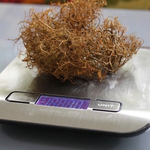 May include: A digital kitchen scale displays a weight of 198.8 grams. A pile of dried, brown, fibrous material sits on the scale's surface. The scale is made of brushed stainless steel and has a digital display.