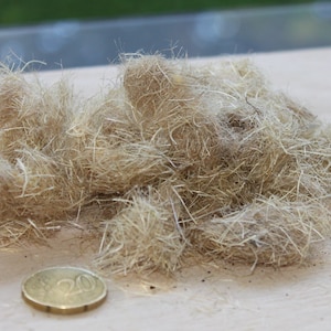 May include: A pile of light brown, fibrous material, possibly decorative filler, sits on a light wooden surface. A gold coin with the number 20 is next to the pile, providing a size reference. The material has a delicate, textured appearance.