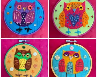 Superb Owls Original Appliqué Hoop Art