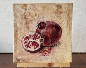 Colección de granadas - Pintura acrílica sobre lienzo estirado y tablero de lona - Arte de frutas para colgar en la pared y en la mesa - Regalo de inauguración de la casa