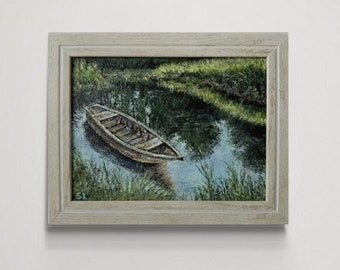 Barco en el lago Pintura acrílica enmarcada sobre tablero de lona - Arte para colgar en la pared y mesa para la sala de estar - Regalo de aniversario para los padres