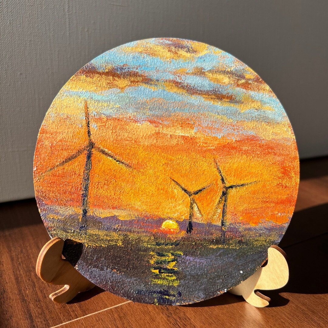 Bright Orange Sunset and Windmills on Round Miniature Canvas Board With