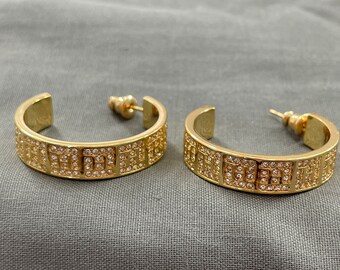 Classic Fend Gold & Crystal Hoop earrings with box