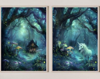 Printable Gift, Fantasy Enchanted Forest Digital Download Set, Magical Mystery Forest Digital Wall Art, Woodland Cards, Forest Illustration