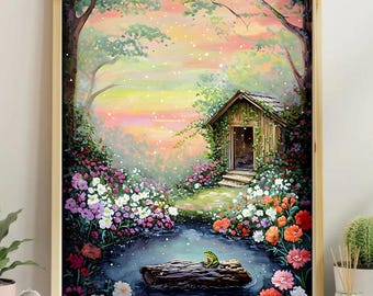 Printable Gift, Forest Lake Life, Colorful Scenery Digital Wall Art, Bright Vibrant Print, Floral Wall Art, Garden Drawing, Pond with frog