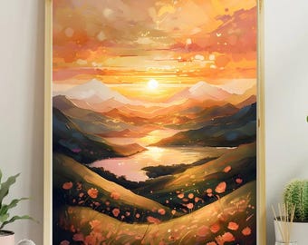 Printable Gift, Abstract Mountain Sunset Artwork, Colorful Wall Art, Abstract Art, Illustration, Living Room Print, Scenery Art, Floral