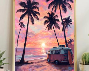 Printable Gift, Pink Sunset On the Beach Wall Art, Digital Colorful Wall Art, Acrylic Painting, Abstract Art, Living Room Print, Scenery Art