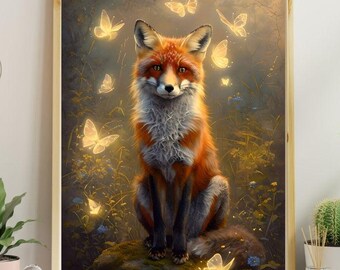 Little fox in forest wall print, botanical dark academia painting, woodland fox print, animal forestcore decor, floral cottagecore printable