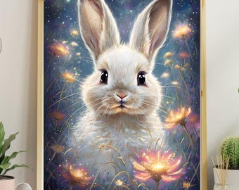 Rabbit bunny flower boho portrait print, Easter farmhouse decor, bunny wall oil painting, printable vintage art, light academia decor art