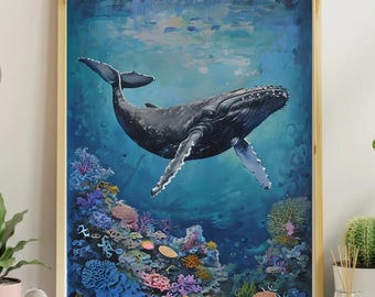 Printable Gift, Whale in Ocean Reef, Sea Life Nautical Ocean, Coastal Wall Decor, Sea creatures, Colorful Sea Print, Vibrant Marine Art