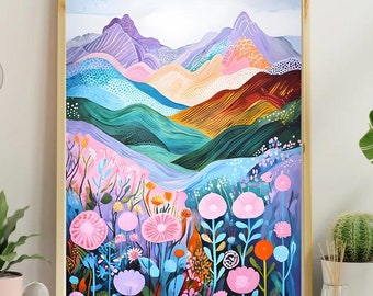 Printable Gift, Abstract Mountain Artwork, Pastel Wall Art, Abstract Art, Patchwork, Illustration, Living Room Print, Scenery Art, Floral