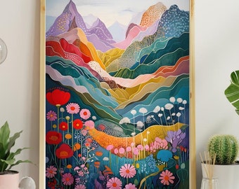 Printable Gift, Abstract Mountain Artwork, Colorful Wall Art, Abstract Art, Patchwork, Illustration, Living Room Print, Scenery Art, Floral