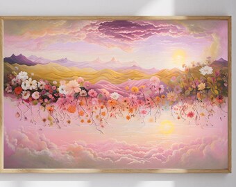 Dreamy Floral Landscape Printable – Whimsical Sunset Wall Art, Pastel Sky Decor, Surreal Flowers in the Clouds, Instant Digital Download