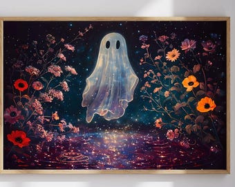 Ghost in flower woods print, romantic dark academia, moody cottagecore spooky decor vintage poster, gothic painting haunting ghost wall art