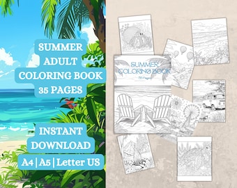 Libro para colorear imprimible para adultos, 35 páginas para colorear de verano, láminas para colorear, descarga instantánea, PDF A4, A5 y Carta (EE. UU.), alivio del estrés