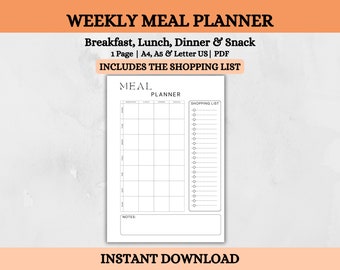 Printable Weekly Meal Planner | Grocery Shopping List (PDF)