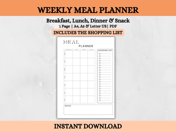 Printable Weekly Meal Planner | Grocery list | 7 Days Menu Plan | Food Planner | A4, A5, Letter US | PDF | Instant download | Shopping List