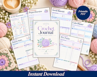Könnte beinhalten: Ein druckbares Häkeljournal mit einer zentralen Titelseite namens Crochet Journal mit einer lila Wollknäuel-Illustration, umgeben von verschiedenen Planungsblättern für Körpermaße, Projektübersichten und Reihenzähler.