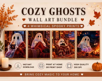 Cozy Ghost Wall Art Set of 4, Cute Halloween Prints, Whimsical Spooky Wall Art, Autumn Fall Decor, Printable Digital Download
