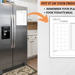 May include: A white magnetic meal planner with a grid for each day of the week, a shopping list section, and a notes section. The planner is on a silver refrigerator in a kitchen.