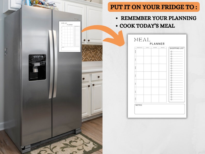May include: A white magnetic meal planner with a grid for each day of the week, a shopping list section, and a notes section. The planner is on a silver refrigerator in a kitchen.