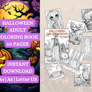 50 Halloween Horror Coloring Book, Printable Gothic Creepy Pumpkin Witch Coloring Pages, Grayscale Halloween Coloring Book for Adults